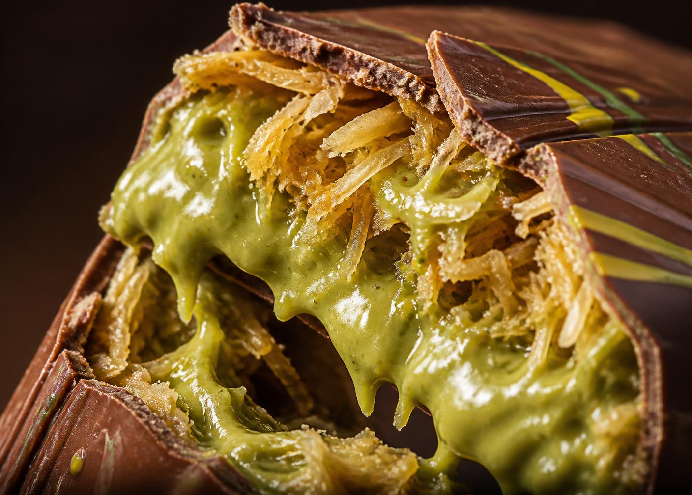 Dubai chocolate bar cracked open revealing creamy pistachio filling and crispy golden kataifi