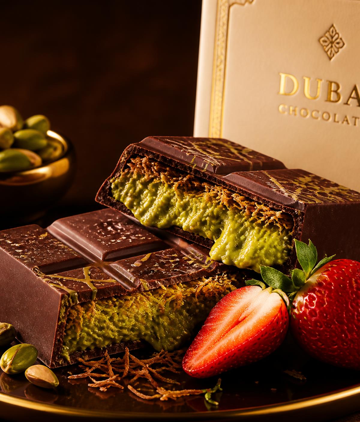 Dubai chocolate bar cracked open with pistachio cream, crispy kataifi and fresh strawberries