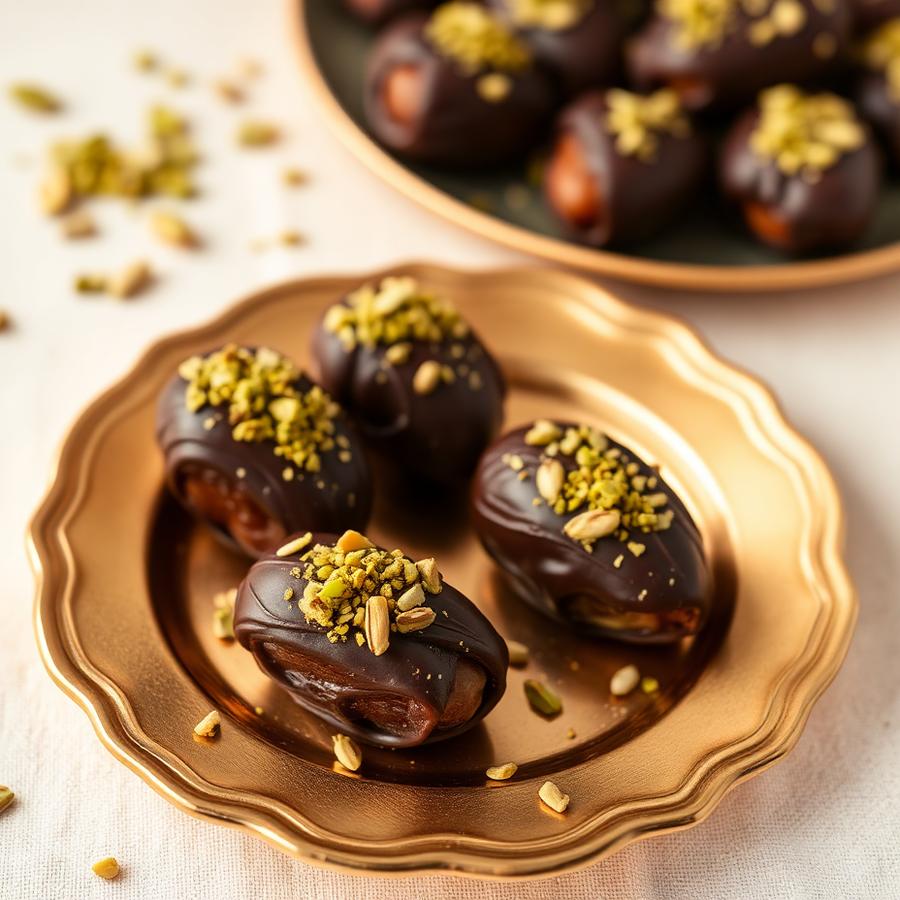 Medjool dates dipped in dark chocolate and topped with crushed pistachio