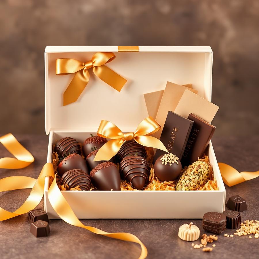 Elegant gift box filled with assorted Dubai chocolate treats and gold ribbon