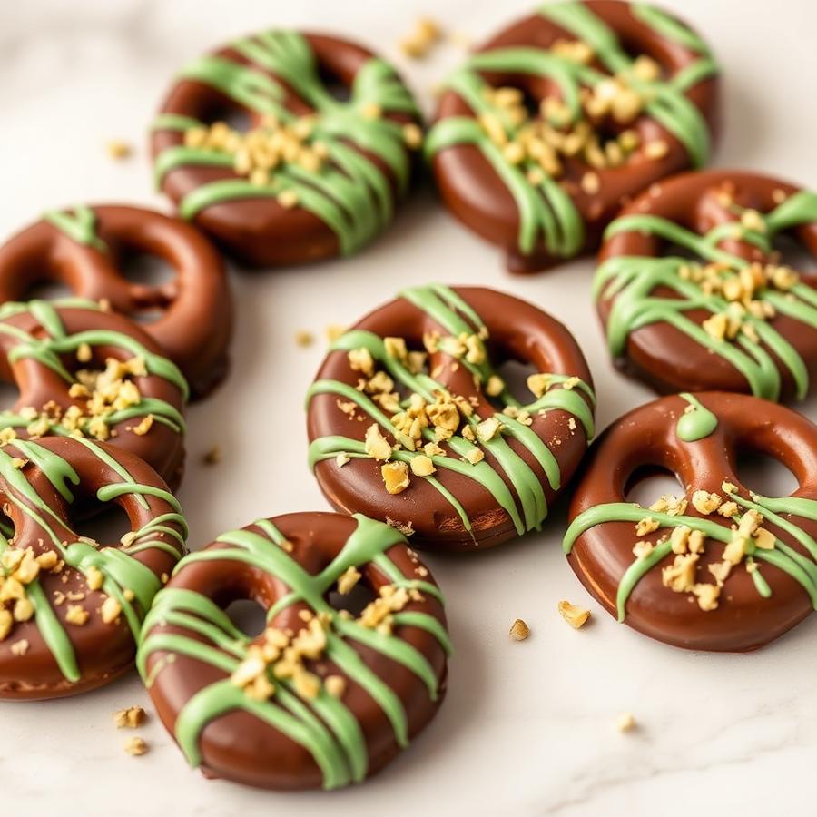 Chocolate covered pretzels drizzled with pistachio green finish