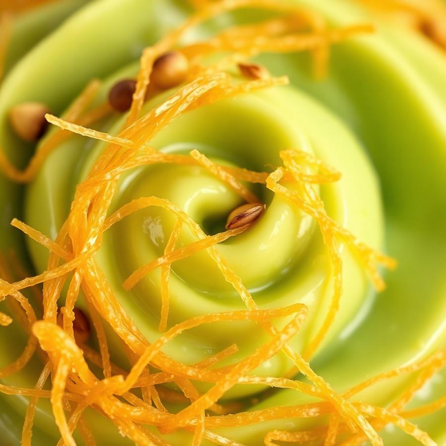 Close up of creamy pistachio filling swirled with golden kataifi